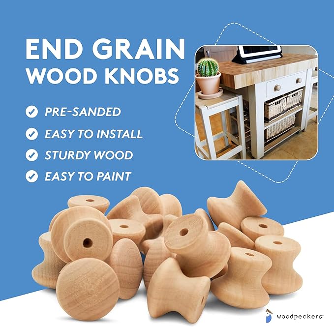 Woodpeckers 3/4-inch Birch Wood End Grain Knobs, Pack of 50 Unfinished Small Wooden Cabinet and Furniture Knobs