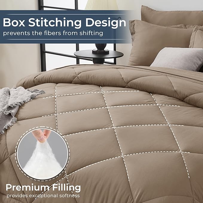 HEVUMYI Khaki Twin Comforter Set - 5-Piece All Season Bed in a Bag Twin, Ultra Soft Bedding Set with Comforter, Flat Sheet, Fitted Sheet, Pillowcases, Pillow Shams