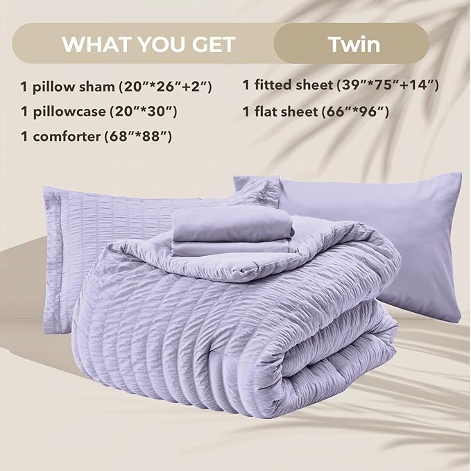 HYMOKEGE Light Purple Twin Comforter Set Seersucker 5 Pieces, All Season Luxury Bed in a Bag for Bedroom, Bedding Set with Comforter, Sheets, Pillowcase & Sham