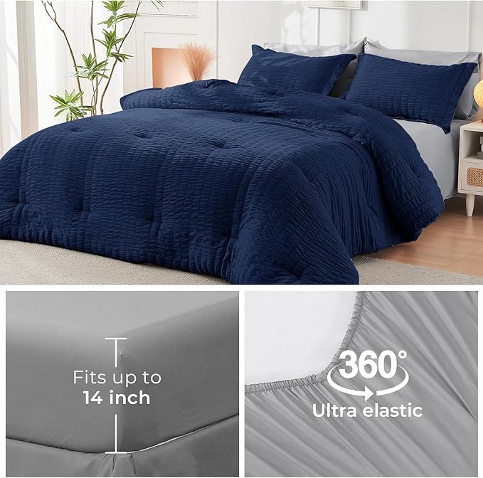 HYMOKEGE Navy Blue/Light Grey Twin Comforter Set Seersucker 5 Pieces, All Season Luxury Bed in a Bag for Bedroom, Bedding Set with Comforter, Sheets, Pillowcase & Sham