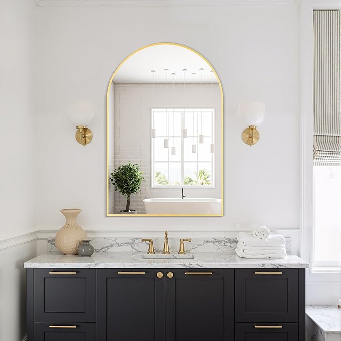 Delma Arched Bathroom Mirror, 24"x36" Wall Mounted Vanity Mirror for Bedroom, Living Room and Entryway, Gold