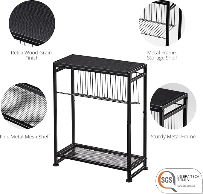 Dulcii Small Side Table for Small Spaces - Slim End Table with Magazine Holder Narrow End Table Living Room - Skinny Bedside Table Nightstand Bedroom Thin Side Table, Black