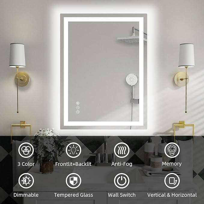 36"x 30" LED Bathroom Mirror with Lights, Smart Dimmable Vanity Mirrors for Wall, Anti-Fog, Dimmable, Backlit + Front Lit, Memory Shatterproof Smart Mirror for Bathroom (Horizontal/Vertical)