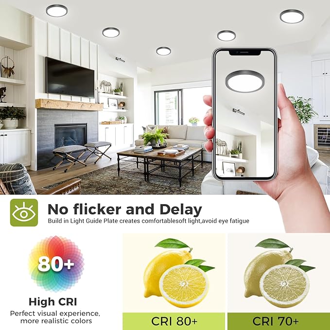 1PACK Flush Mount LED Ceiling Light Fixture - Black, 6.5Inch 12Watt, Dimmable & 3 Color Selectable - 1200LM Low Profile Light for Kitchen, Bedroom, Hallway, Porch