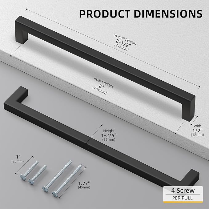 goldenwarm 1 Pack 8 Inch Black Cabinet Handles Matte Black Drawer Pulls Stainless Steel Cabinets Hardware Square Bar Modern for Kitchen Bathroom Cupboard