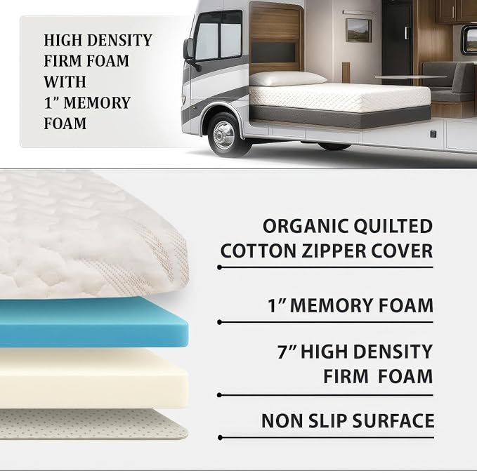 Foamma 7" x 38" x 75" Gel Memory Foam Mattress for RV with Water Resistant Organic Cotton Cover, Firm High Density Foam Base, USA Made, CertiPUR-US Certified Foam