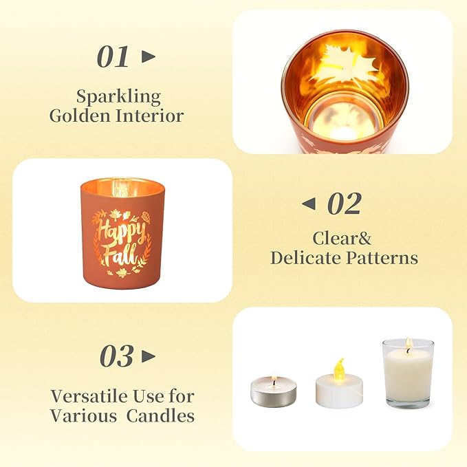 Hewory Thanksgiving Votive Candle Holders: Fall Glass Tea Light Candle Holder Set of 12, Thanksgiving Table Decorations Centerpieces for Dinner Table Fireplace Mantle Fall Decorations for Home Party