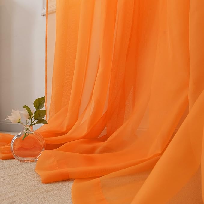 HUTO Orange 108 Sheer Curtains for Bedroom Rod Pocket Sheer Voile Window Curtains for Living Room Party Decor 52 by 108 Inches Long Set of 2 Panels