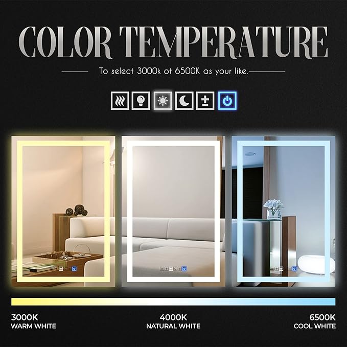 Bathroom Vanity LED Mirror for Wall with Anti Fog, Dimmable Touch Button, Adjustable Color Temperature, Memory Function 30"x40" by Fab Glass and Mirror