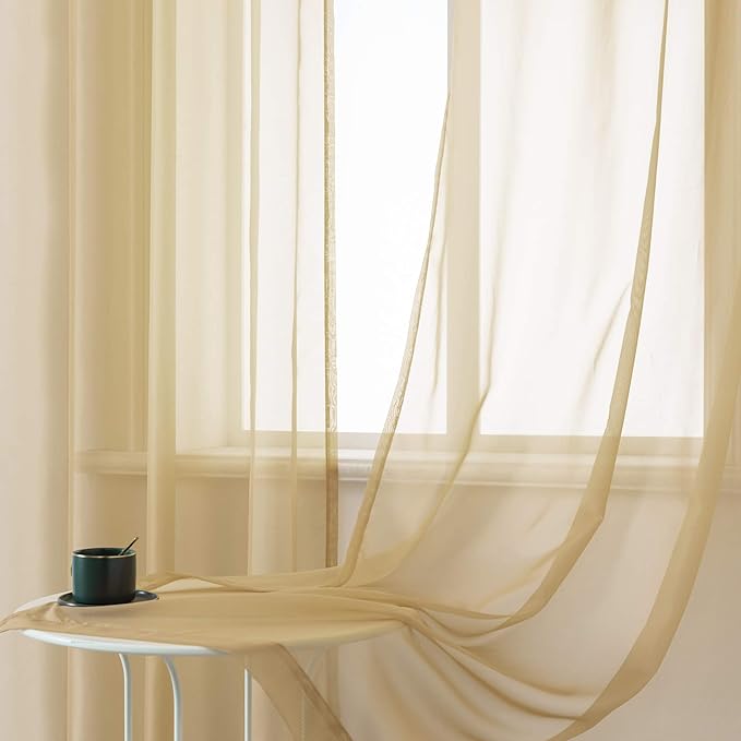 DUALIFE Tan Beige Sheer Curtains 54 Inche with Grommet,Look Semi Sheer Windows Panels,Elegant Solid Color Touch Soft Drapes, 52X54 Inch for Living Room Bedroom,Set of 2 Panels Natural Taupe