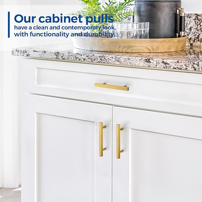 JOY DECOR 10 Pack 3-3/4 Inch Brushed Brass Square Cabinet Handles Stainless Steel Cabinet Hardware Pulls for Kitchen and Drawers with 6 Inch Overall Length