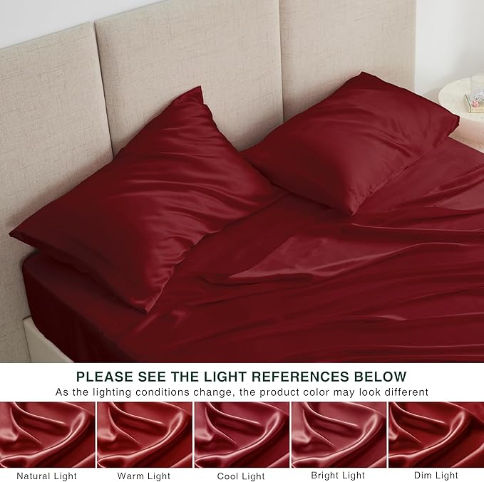 Love's cabin Satin Queen Sheets Set - 4 Piece Burgundy Silky Bed Sheets with Deep Pocket, Luxury Silk Feel Satin Queen Size Sheet Set (1 Flat Sheet,1 Fitted Sheet,2 Pillow Cases)