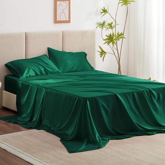 Love's cabin 4Piece California King Satin Bed Linen Set, Dark Green Silky Satin Sheets, Deep Pocket, Luxury Silk Feel, 1 Flat, 1 Fitted Sheet, 2 Pillow Cases