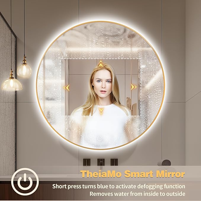 36" Round LED Bathroom Mirror, Wall Mounted Round Backlit Mirror LED Bathroom Vanity Mirror with Lights Fog Free Circle Lighted Mirror with Gold Frame, Smart Light up Mirror 3-Color