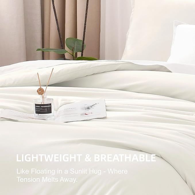 Litanika Comforters Ivory Oversized Queen Size, 3 Pieces Lightweight Solid Bedding Comforter Set, All Season Fluffy Bed Set (98x98In Comforter & 2 Pillowcases)