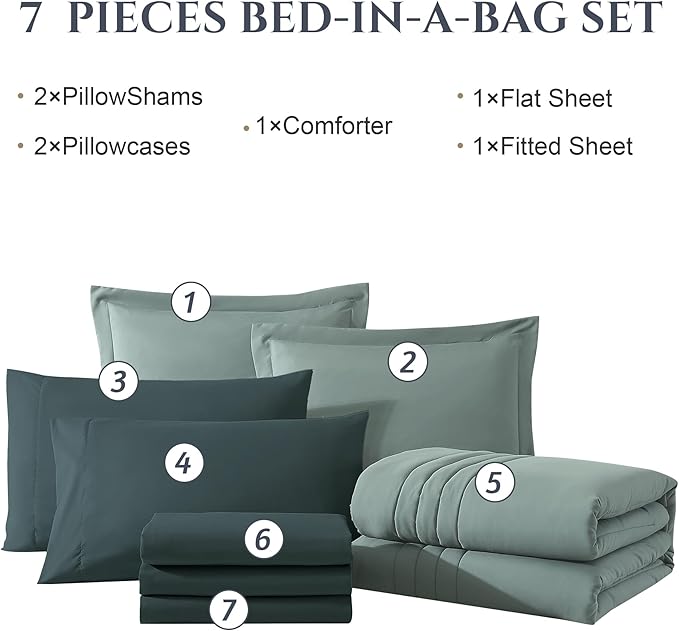 Monbix Full Size Comforter Set - 7 Pieces Sage Green Bed in a Bag Full Size Bedding Sets with Comforters, All Seasons Comforter with Sheets,Pillowcases & Shams