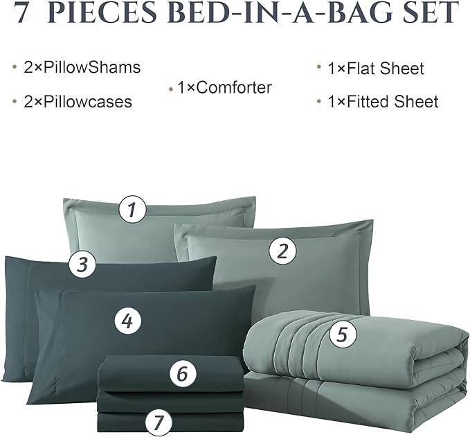 Monbix Oversized Queen Comforter Set - 7 Pieces Sage Green Bed in a Bag Queen Bedding Sets with Comforters, All Seasons Down Alternative Comforter Bed Set with Sheets,Pillowcases & Shams