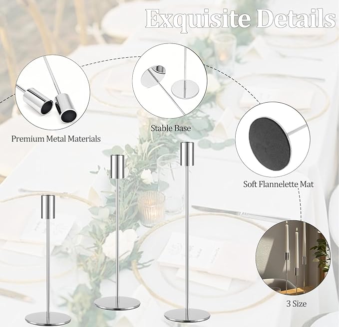 Set of 6 Silver Taper Candle Holders, Metal Silver Candlestick Holders, Tall Candle Holder, Fits 3/4 inch Thick Candle&Led Candles, for Table Centerpiece, Wedding, Dinning, Party Home Decor