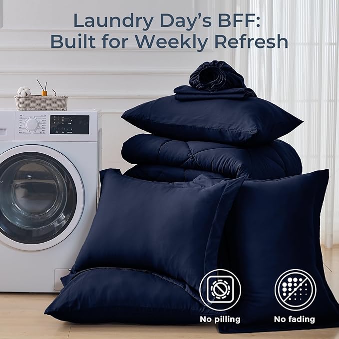 HEVUMYI Navy Blue Cali-King Comforter Set - 7-Piece All Season Bed in a Bag Cali-King, Ultra Soft Bedding Set with Comforter, Flat Sheet, Fitted Sheet, Pillowcases, Pillow Shams, Navy Blue