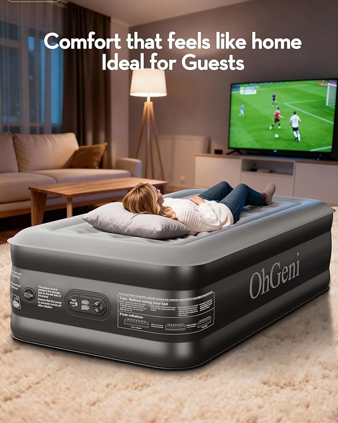 OhGeni 20" Twin Air Mattress with Built in Pump, Portable Blow up Mattress, 72Hr Leak-Proof Test Airbed for Guests & Home, Ideal for Single Person, Better to Get up, 300LBS