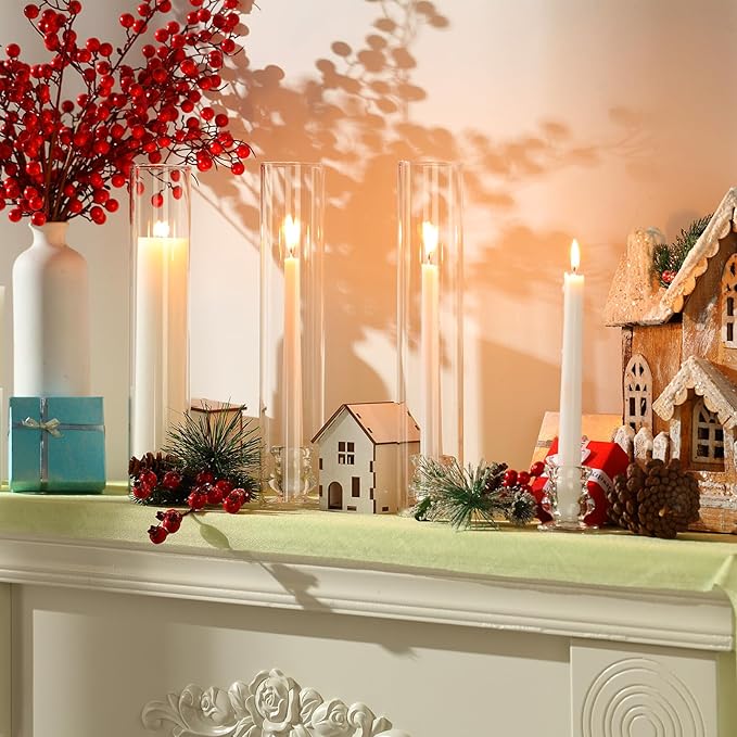 24 Set Christmas Glass Hurricane Candle Holders 12.6" Open Ended Glass Candleholder Tube Shape Bottomless and 2.2" Taper Clear Candlestick Holders for Wedding Party Table Centerpiece (Clear)