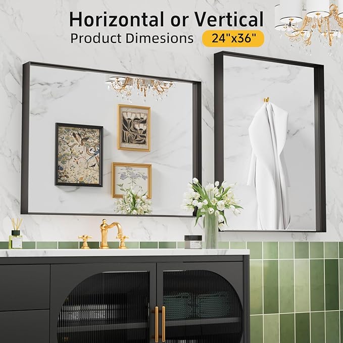36"x 24" Black Bathroom Mirrors for Over Sink, Wall Vanity Mirror, Framed Rectangle Mirrors for Wall, Living Room Entryway, Anti-Rust, Tempered Glass Hangs Horizontally or Vertically
