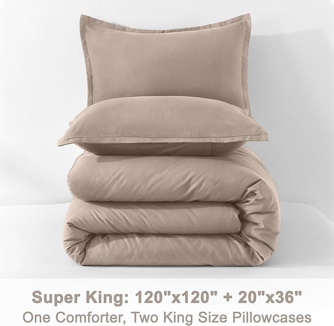 Litanika Light Coffee Oversized King Comforters Super King Size, 3 Pieces Lightweight Solid Bedding Comforter Set, All Season Fluffy Bed Set (120x120In Comforter & 2 Pillowcases)