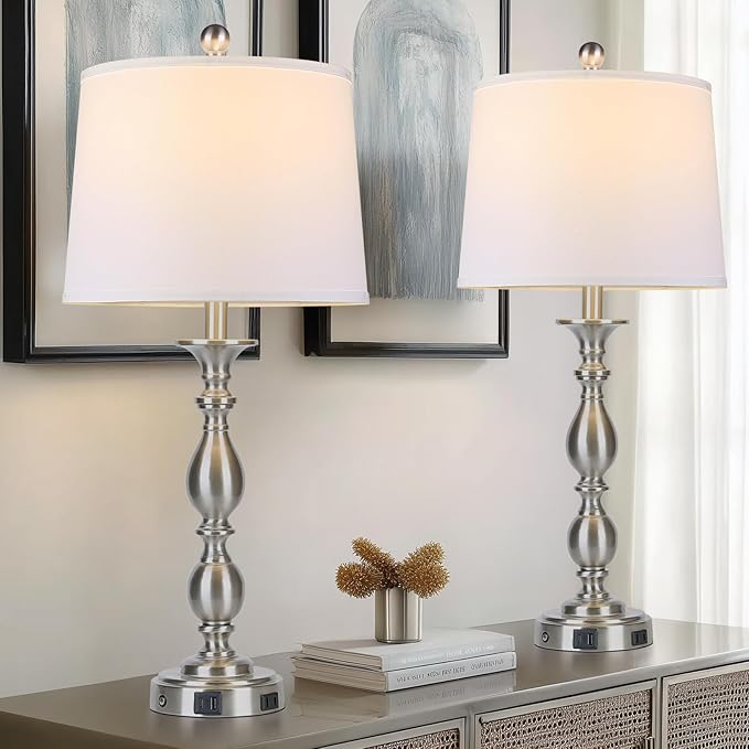 28" Tall Modern Table Lamps Set of 2 with USB A+C Ports and AC Outlet, 3 Way Touch Metal Bedside Lamps for Bedroom, Silver Farmhouse Nightstand Lamps for Living Room