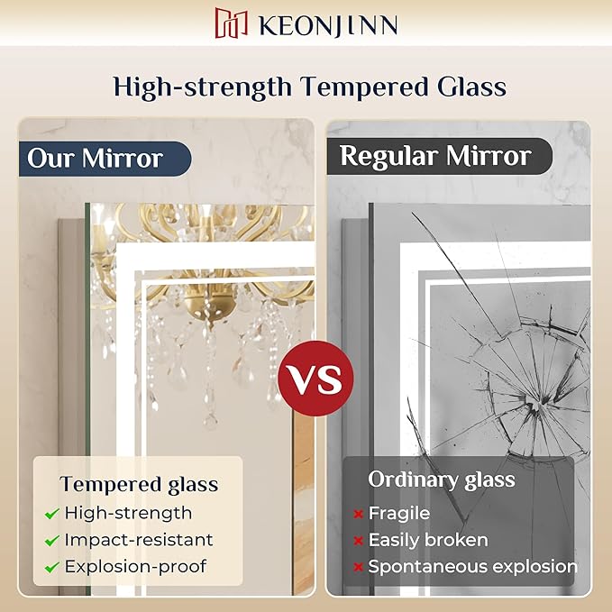 Keonjinn LED Bathroom Mirror 60" x 30" with Frontlit and Backlit, Tempered Glass Stepless 3 Colors Temperature & Dimmable Large Vanity Mirror, UL Listed LED Driver, Double Lights, Anti-Fog Wall Mirror