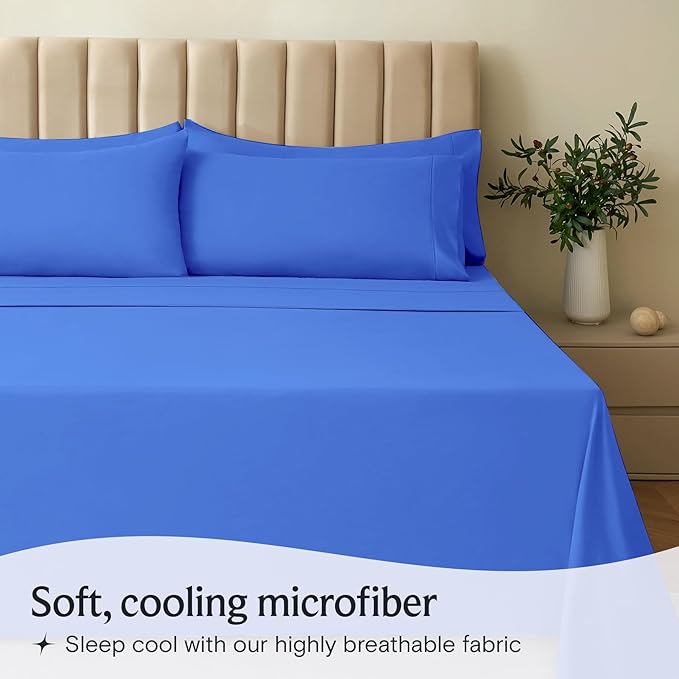 LuxClub 4 PC Sheet Set Bed Sheets Deep Pockets 16" Eco Friendly Wrinkle Free Cooling Machine Washable Hotel Bedding Silky Soft - Marine Blue Queen