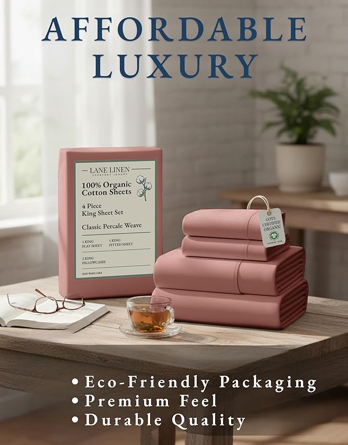 LANE LINEN 100% Organic Cotton Fully Elasticized King Sheet Set, Low Pilling Fade Resistant Machine Washable Naturally Cooling King Bedding Set, Mercerized Soft & Comfy Cotton Sheets – Rose Dawn