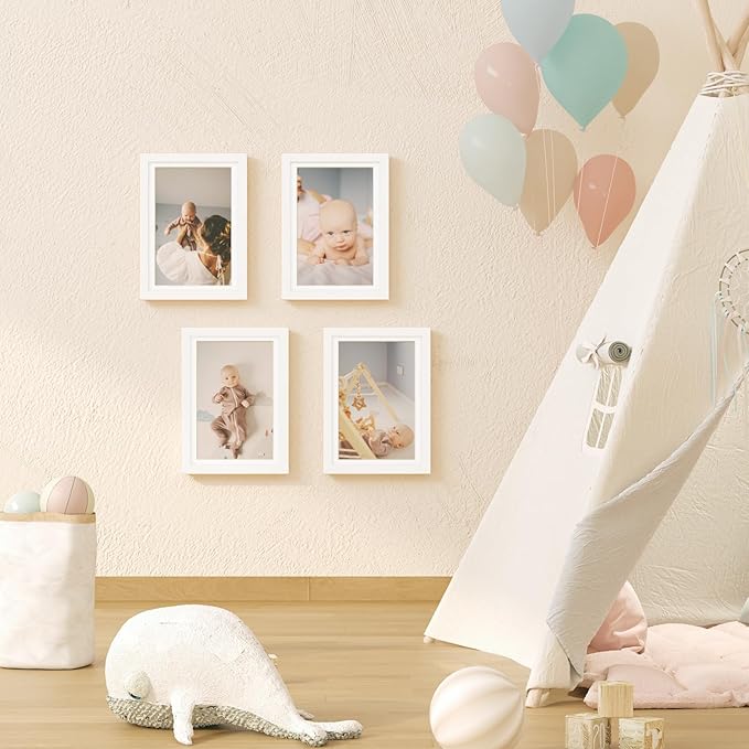 KINLINK A4 Kids Art Frames Set of 2, Solid Wood Kids Artwork Frames Changeable with Acrylic Front Opening Holds 150 Pictures 8.3x11.7, Art Frame for Kids Artwork with Mat or without Mat, White