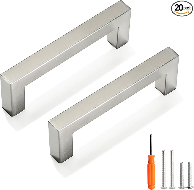 Cabinet Pulls Brushed Nickel Cabinet Handles Square Drawer Pulls, 20 Pack 3-3/4 Inch Stainless Steel Kitchen Door Cupboard Cabinet Handles, Cabinet Hardware Drawer Handles, 96mm Hole Centers