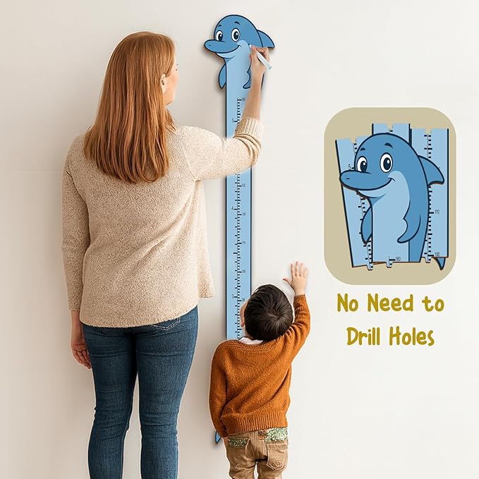 Personalized Growth Chart for Wall, Wooden Height Chart for Kids, Cute Height Measurement for Child/Girls/Boys, Baby and Toddler's Playroom/Kid's Room/Nursery Decor, Dolphin