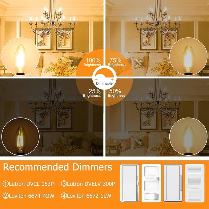 Cotanic E12 LED Bulb Dimmable 3000K Soft White, LED Candelabra Bulbs 60Watt Equivalent, Small Base Type B Light Bulbs, Candle Shape Chandelier Light Bulbs Clear Glass, 600LM, 12 Pack