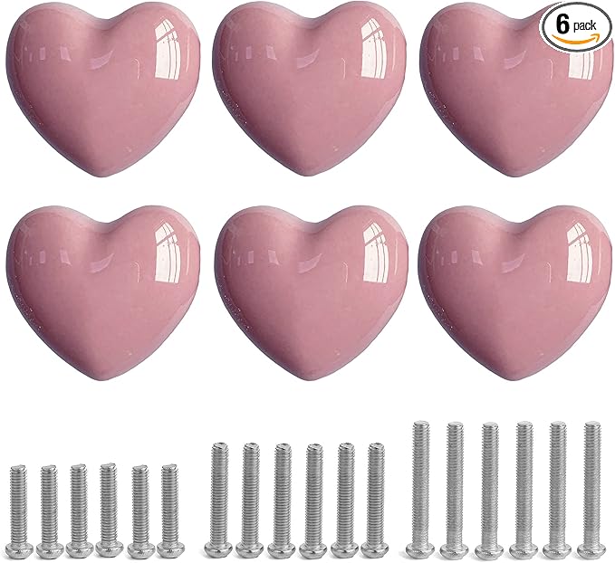 Ceramic Drawer Knobs Heart Shape Cabinet Dresser Pulls Handles with 3 Sized Screws, Kitchen Furniture Knobs for Closet Cupboard Wardrobe (6, Pink)
