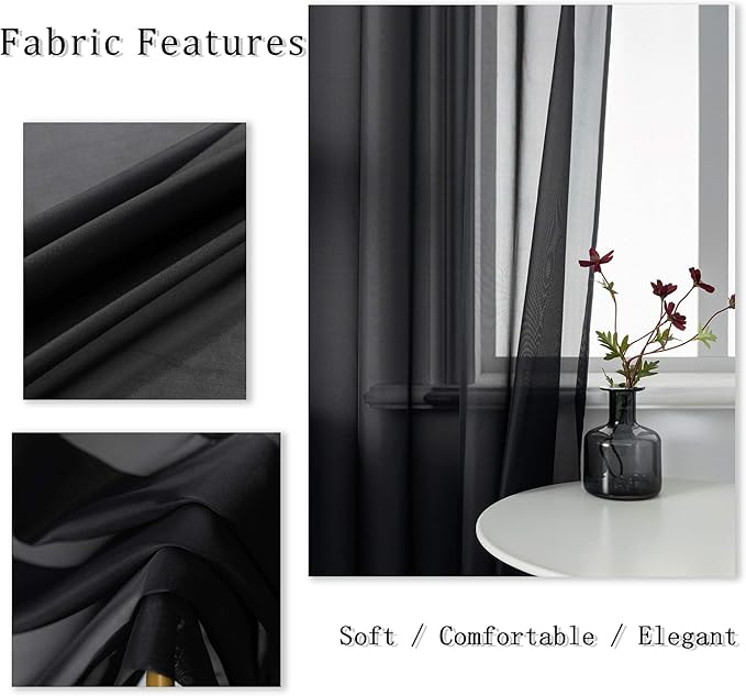 DUALIFE 72 Inches Length Black Sheer Curtains for Bedroom Set of 2 Panels Grommet Faux Linen Semi Voile Window Drapes Elegant Office Curtains for Men Living Room 52x72 Inches Long