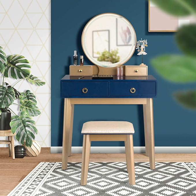 CHARMAID Vanity Desk with Lights, Navy Blue Makeup Vanity Desk with 3-Color Lighted Mirror, 4 Drawers, Cushioned Stool, Modern Bedroom Makeup Dressing Table for Small Place