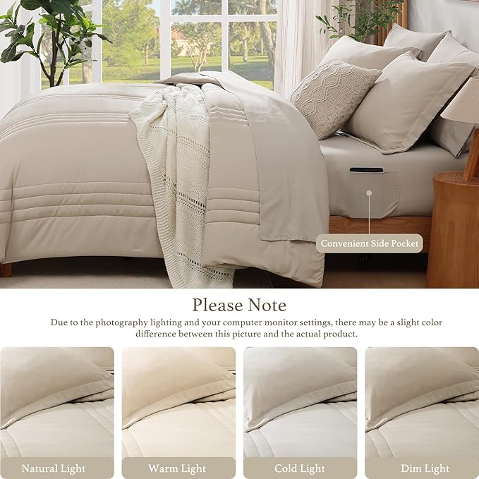 Monbix Oversized Queen Comforter Set - 7 Pieces Apricot Beige Bed in a Bag Queen Bedding Sets with Comforters, All Seasons Down Alternative Comforter Bed Set with Sheets,Pillowcases & Shams