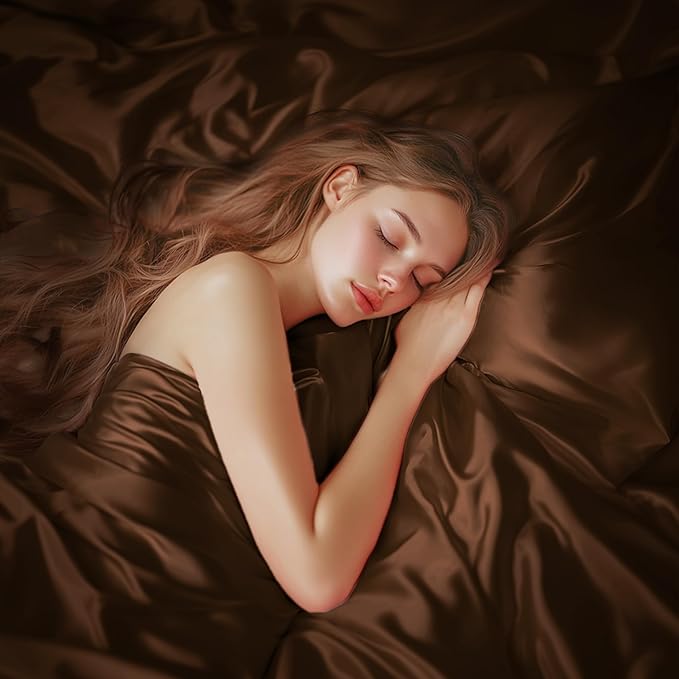 Love's cabin Twin Satin Sheets Sets - 3 Piece Brown Silky Bed Sheets Twin with Deep Pockets, Luxury Silk Feel Satin Sheet Set Bedding Set (1 Flat Sheet,1 Fitted Sheet,1 Pillow case)