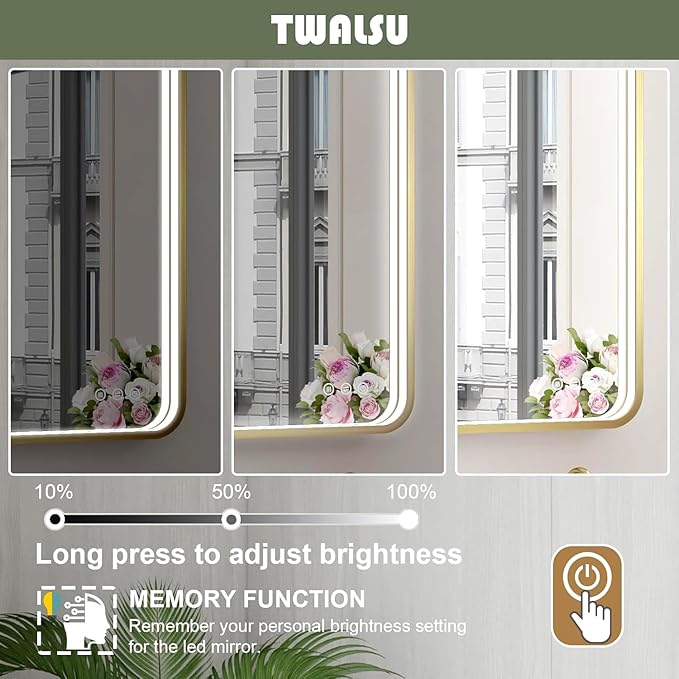 LED Bathroom Mirror with Lights, 20x28 Inch Brushed Gold Metal Frame LED Mirror for Bathroom, Stepless Dimmable 3 Colors Wall Mounted Lighted Bathroom Vanity Mirror, Anti-Fog, Memory