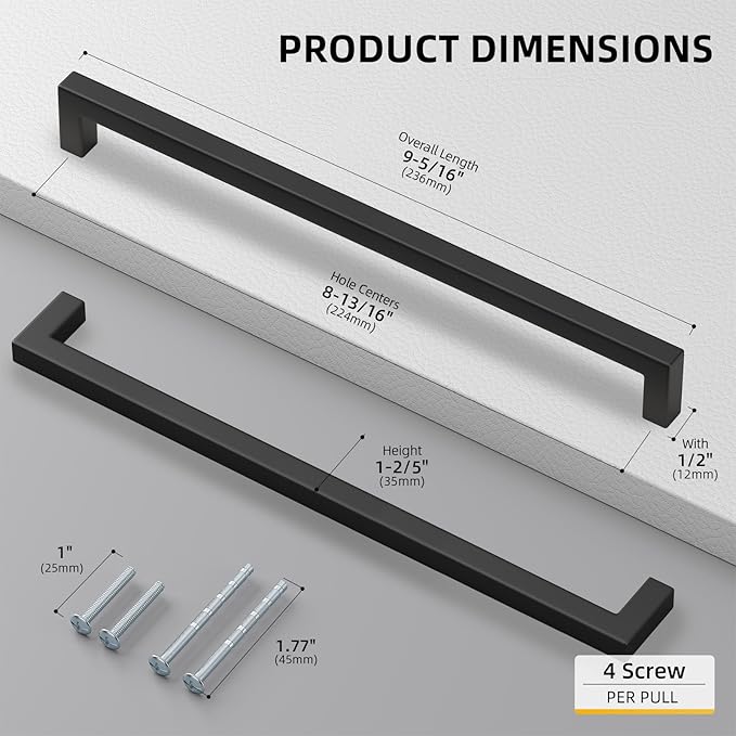 goldenwarm 200 Pack 8-4/5 Inch Black Cabinet Handles Matte Black Drawer Pulls Stainless Steel Cabinets Hardware Square Bar Modern for Kitchen Bathroom Cupboard