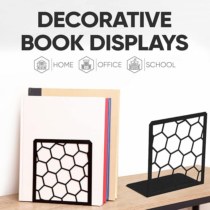 GEOMOD Geometric Honeycomb Black Metal Bookends Decorative - Tall Sturdy Book Ends for Shelves - Modern Heavy Duty Bookend Stopper - Office or Home Book Shelf Book Holder - 6x3.25x6.25 Inches - 2 Pair