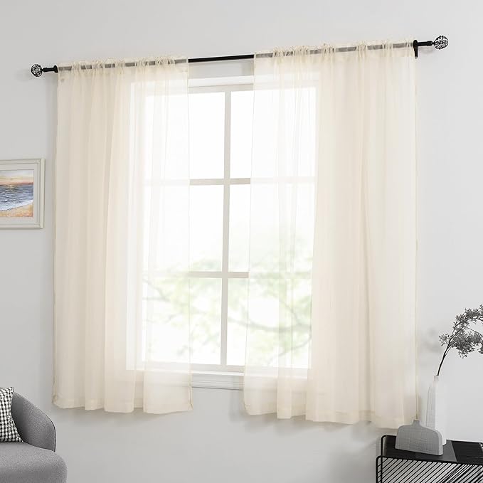 HUTO Cream Beige Sheer Curtains 63 Inch Length Rod Pocket Beige Sheer Voile Window Curtain Drapes for Bedroom Living Room 2 Panels