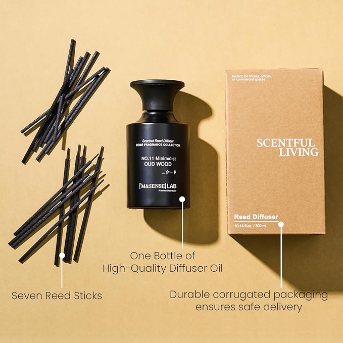 M&SENSE Minimalist Large Reed Diffuser 300ml, Oud Wood Scented with Natural Essential Oils, Long Lasting with 7 Sticks, Non-Toxic Home Fragrance for Bedroom, Bathroom Decor