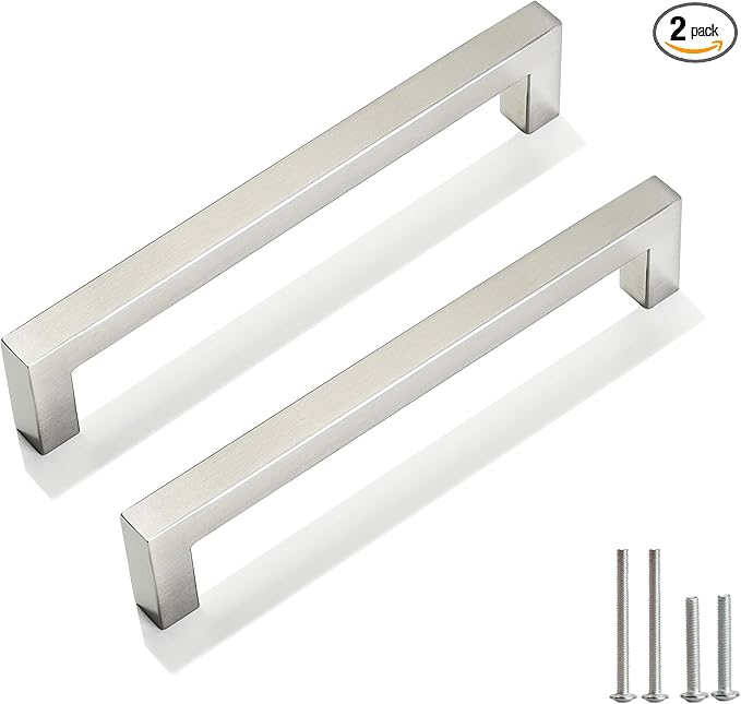 Cabinet Pulls Brushed Nickel Cabinet Handles Square Drawer Pulls, 2 Pack 6-1/4 Inch Stainless Steel Kitchen Door Cupboard Cabinet Handles, Cabinet Hardware Drawer Handles, 160mm Hole Centers