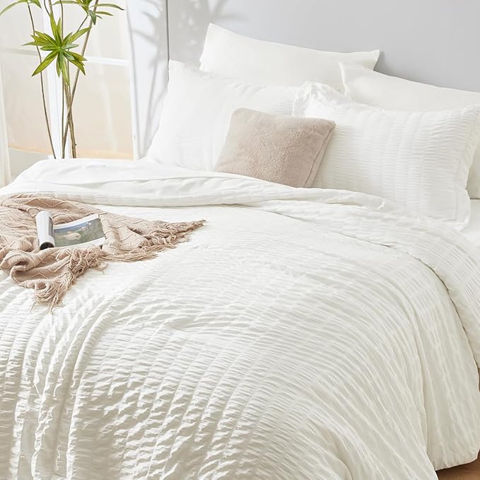 CozyLux King Size Comforter Set Ivory Seersucker 7 Pieces Bed in a Bag King Comforter Set with Sheets, Luxury Soft Bedding Set with Down Alternative Comforter, Sheets, Pillowcases & Shams All Seasons
