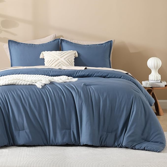 Litanika Haze Blue Oversized King Comforters Super King Size, 3 Pieces Lightweight Solid Bedding Comforter Set, All Season Fluffy Bed Set (120x120In Comforter & 2 Pillowcases)