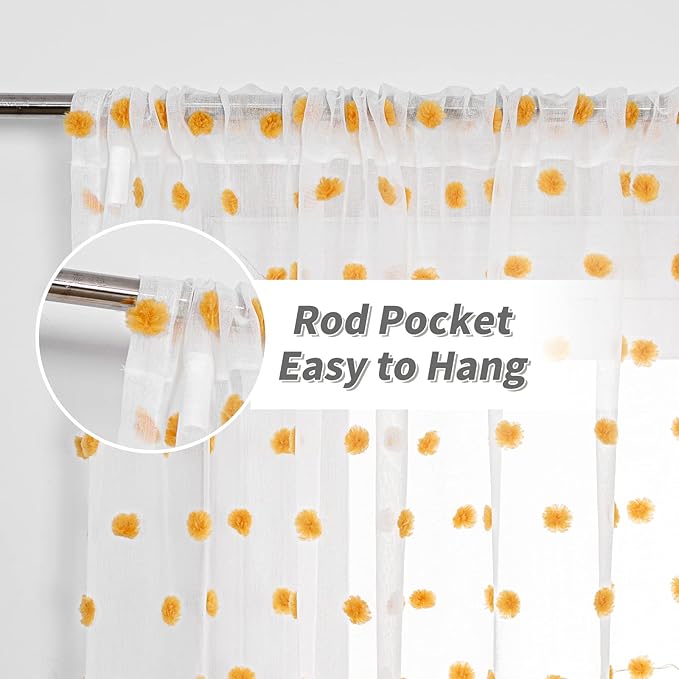MYSKY HOME Pom Pom Curtains for Girls Bedroom 63 Inch Burnt Orange Curains for Nursery Kids Room Sheer Curtains for Living Room Dining Room Rod Pocket Small Window 52" x 63" Set of 2