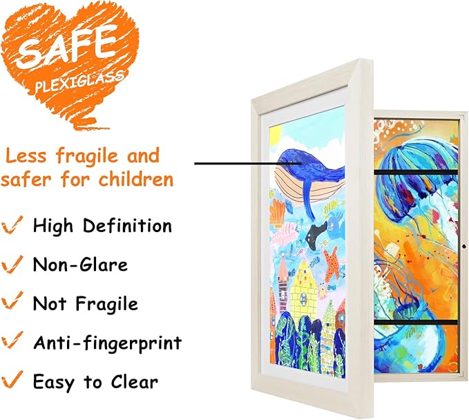 KINLINK 9x12 Kids Art Frames Set of 2, Solid Wood Kids Artwork Frames Changeable with Acrylic Front Opening Holds 150 Pictures, Art Frame for Kids Artwork with Mat or without Mat, White Wood